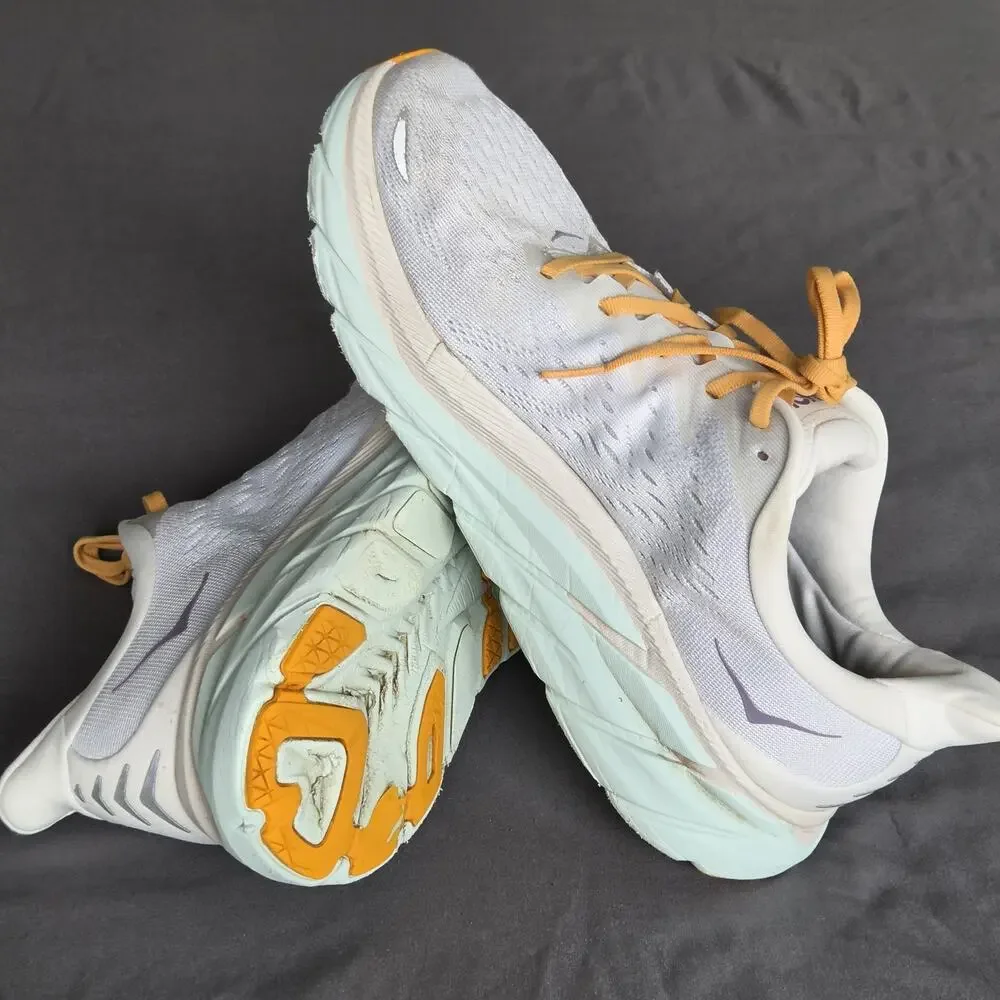 Hoka One One Womens Sz 10.5B Clifton 8 Running Shoes Sneakers Yellow White